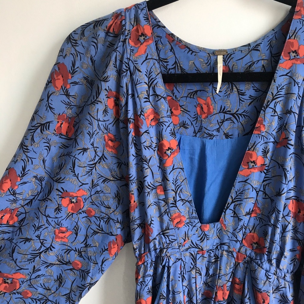 Free People Blue Mini Dress with Red Poppies